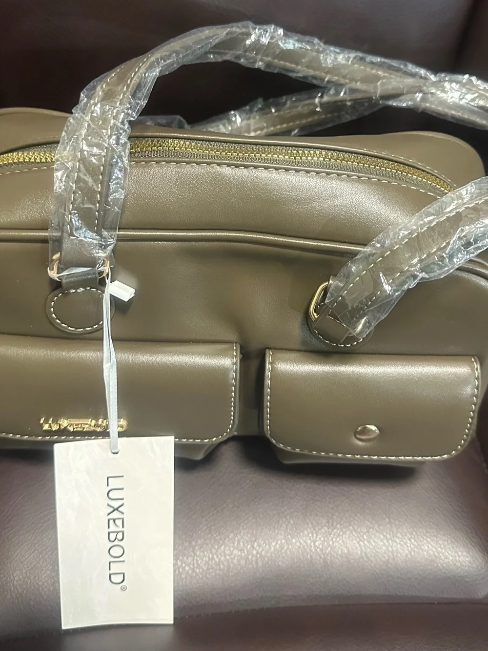 Brown Satchel with Dual Front Pockets and Gold Hardware